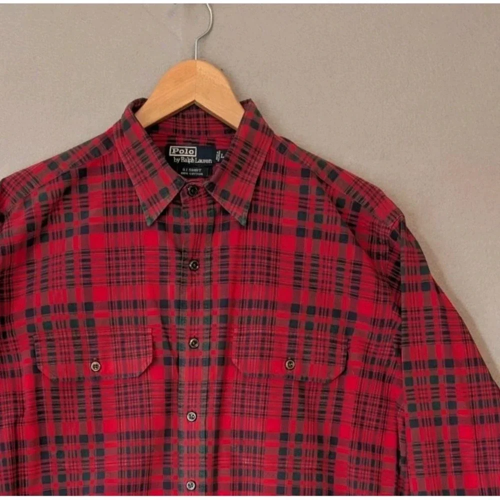 Vtg Polo Ralph Lauren GI Shirt Red Plaid Cotton Mens Large Button Up Long Sleeve